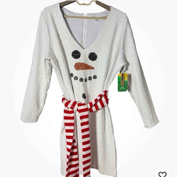 Tipsy Elves Snowman Sequin Dress 1X NWT Christmas Party Shift w/ Scarf Belt NEW! - Picture 2 of 11